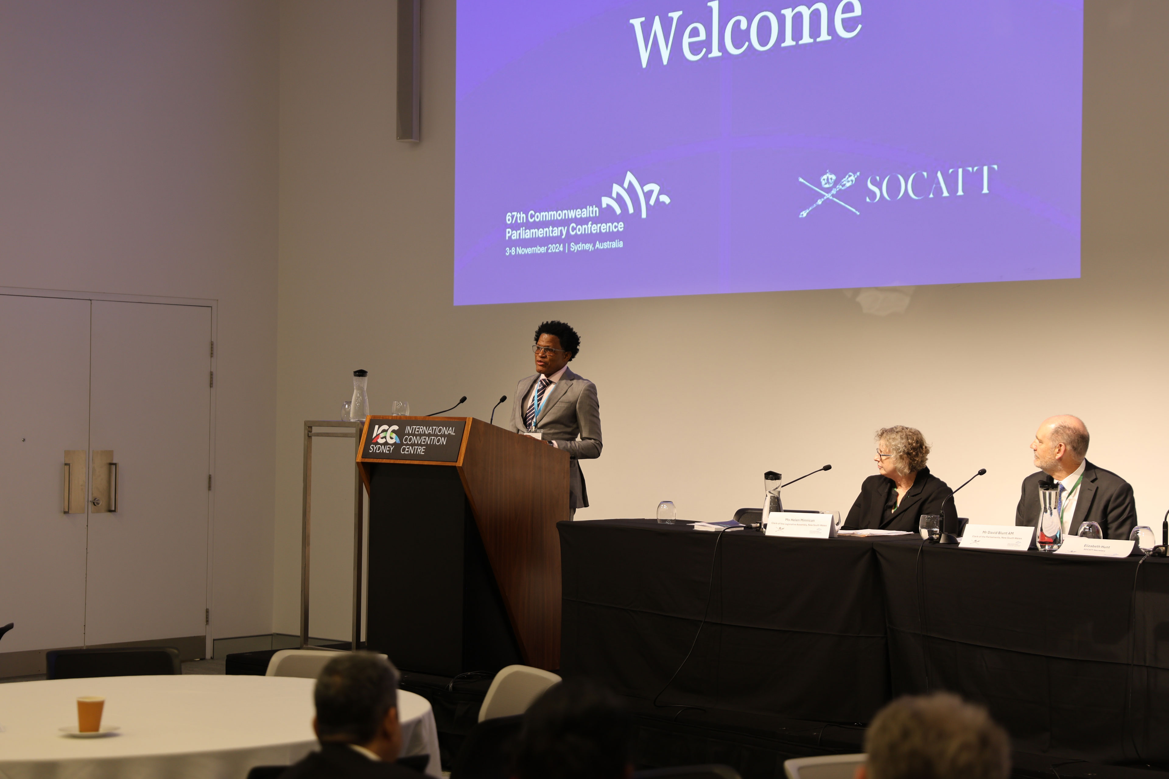 SOCATT Sydney 2024 delegate Pedro Eastmond, Clerk of the Parliament of Barbados, addressing attendees